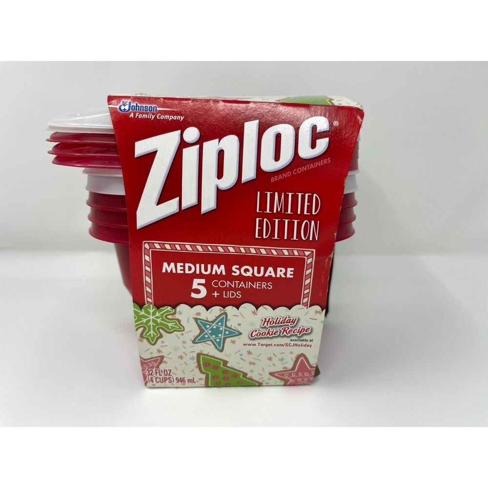 5 pk Ziploc Medium Square Containers RED WHITE Limited Edition Holiday NOS